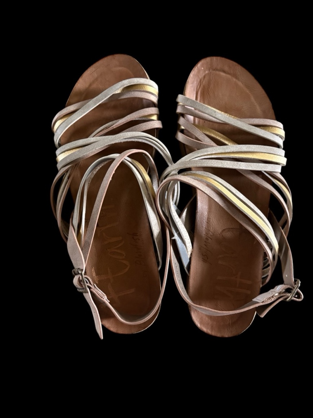 Women's Multi-Strap Metallic Leather Sandals in Tan, Silver & Gold